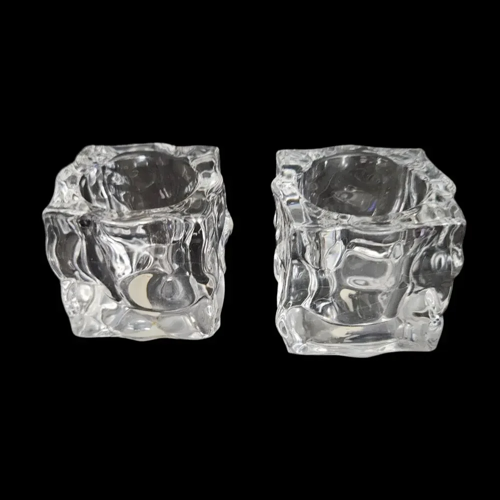 Vintage Pair Clear Ice Cube Glass Votive Candle Holders 2.5